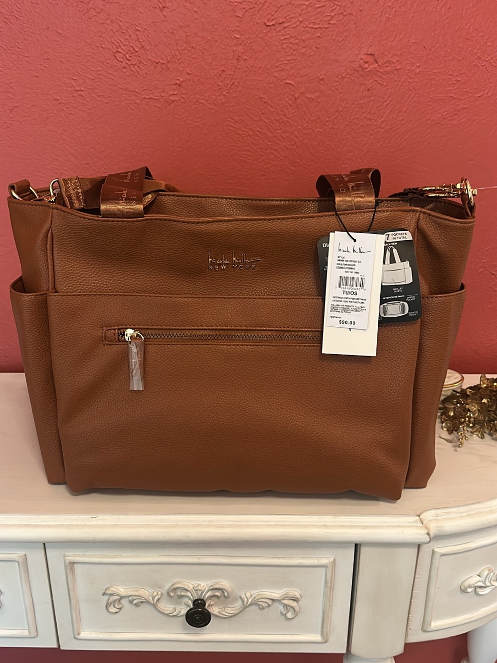 Nicole Miller Cognac Pebbled Leather Tote